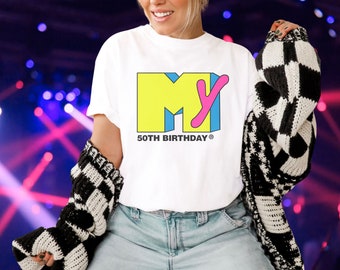 50th Birthday Shirt For 80&#39;s Theme 50th Birthday Party Tshirts For 80s Workout Themed Party Shirts Funny Retro Music Neon