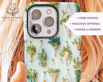 Plant Lover Boho Phone Case, Gift for Mom or Gardener, Embroidered Houseplants iPhone 16 Pro Max Tough 15 Plus Magsafe Samsung Pixel