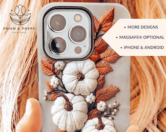Fall Phone Case, Embroidered Pumpkins, Boho Neutral Fall Leaves Design, iPhone 15 14 13 Pro Tough Plus Max Magsafe Samsung Pixel Android
