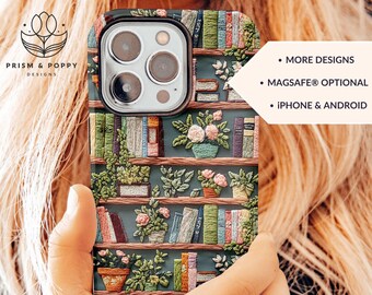Cute Bookish Cottagecore Botanical Bookshelf Phone Case, Vintage Floral Magsafe Tough Cover for iPhone 16 Pro Max 15 Plus Galaxy S24 Pixel