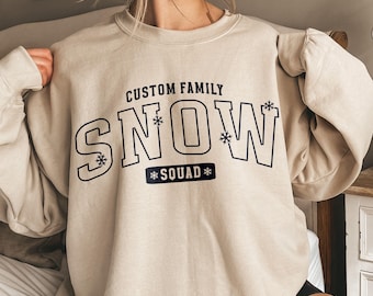 Family Ski Trip Sweatshirt, Snow Squad Custom Matching Ski Weekend Merch Kids & Adults, Varsity Personalized Last Name Winter Mountain Shirt