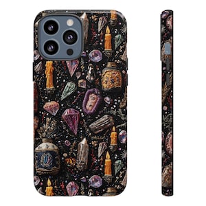 witchy phone case halloween mystical aesthetic magic potion crystals candles haunted embroidered embroidery iphone 13 14 15 16 pro max plus tough case magsafe wireless charging samsung galaxy 22 23 24 google pixel 6 7 8