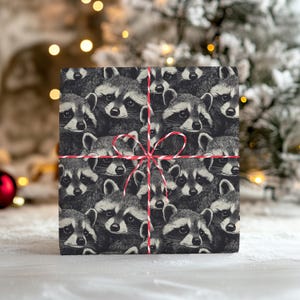 May include: A wrapped gift box featuring a repeating pattern of raccoons in shades of gray and black. The gift is tied with red and white twine, creating a festive presentation. The background is blurred, suggesting a holiday setting.