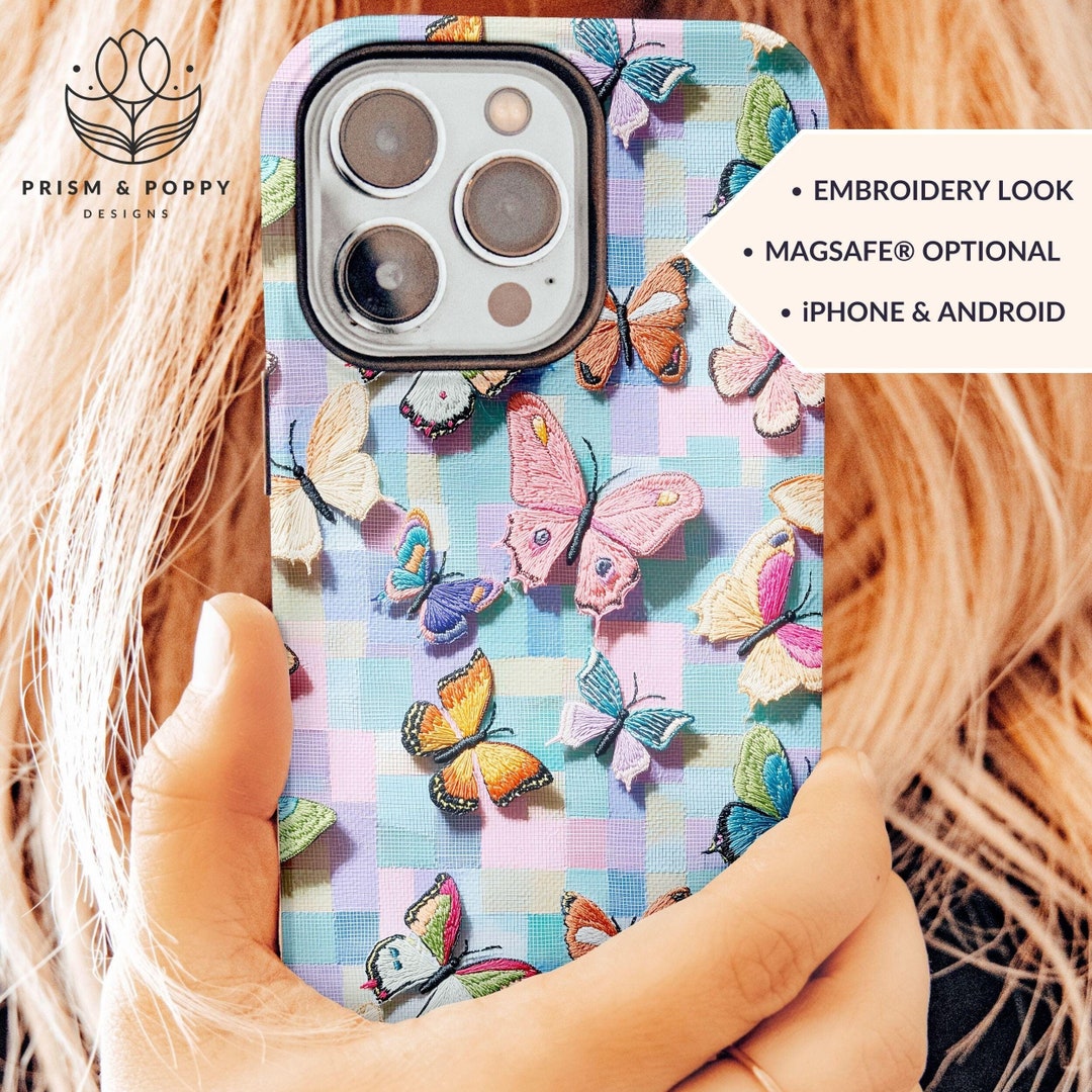 Embroidered Butterfly Phone Case, Y2k Pastel Colors, Preppy