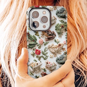 Floral Frog Phone Case, Cute Cottagecore Nature Cases, Embroidered Boho Aesthetic,  iPhone 15 14 13 Pro Tough Plus Max Magsafe Samsung Pixel