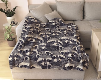 Raccoon Blanket, Cute Woodland Vintage Home Decor, Funny Cozy Sofa Couch Throw Blanket, Black & White Gift for raccoon animal lover gifts