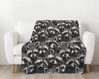 Raccoon Blanket, Cute Woodland Vintage Home Decor, Funny Cozy Sofa Couch Throw Blanket, Black & White Gift for raccoon animal lover gifts