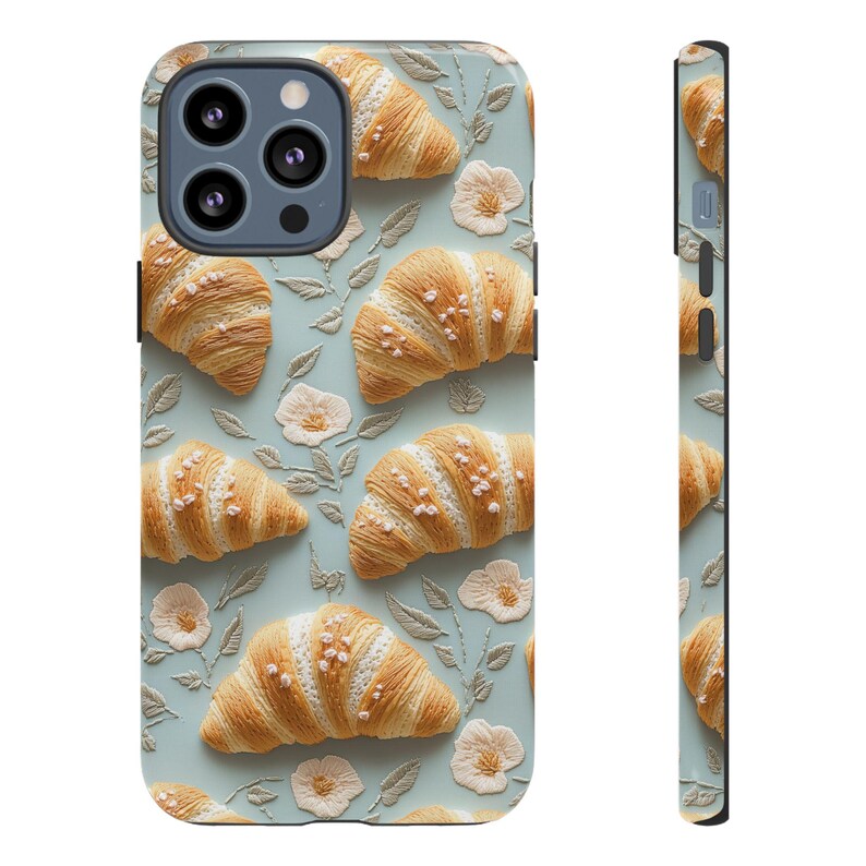 cute croissant phone case embroidered embroidery flowers girly feminine foodie chef cook gift for mom france french food samsung galaxy pixel iphone 13 14 15 pro max plus magsafe tough case wireless charging boho aesthetic