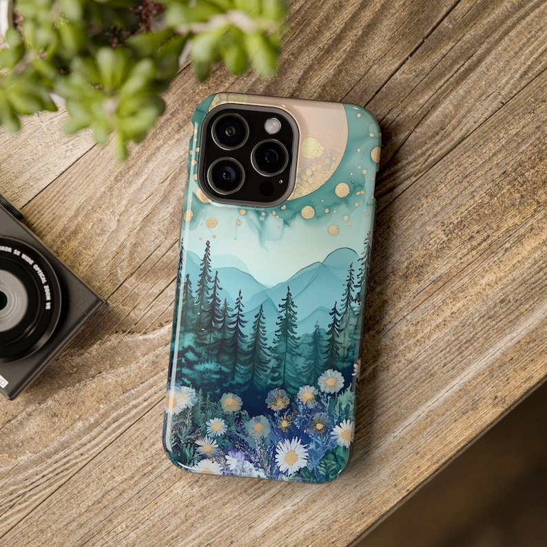 Mountain Landscape Watercolor Phone Case, Magsafe Nature Meadow Moon & Stars Phone Cover Tough Protective iPhone 16 pro max plus 15 14 13