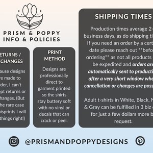 K&ouml;nnte beinhalten: Eine Grafik mit Informationen zu R&uuml;ckgaben, Umtausch und der Druckmethode, die f&uuml;r Designs verwendet wird, die von Prism & Poppy verkauft werden. Der Text lautet "R&uuml;ckgaben/Umtausch: Da Designs auf Bestellung gefertigt werden, kann ich keine R&uuml;ckgaben oder Umtausch akzeptieren. (Aber im seltenen Fall von Druckfehlern werde ich das Problem beheben!) " und "Druckmethode: Designs werden professionell direkt auf das Kleidungsst&uuml;ck gedruckt, sodass die Shirts butterweich bleiben und kein Vinyl oder Aufkleber verwendet werden, die rei&szlig;en oder abbl&auml;ttern k&ouml;nnten."