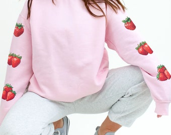 Strawberry Sweatshirt Sleeve Print Cute Berry Arm Patches Strawberries Shirt Cottagecore Aesthetic Crewneck Sweater Strawberry Lover Gift