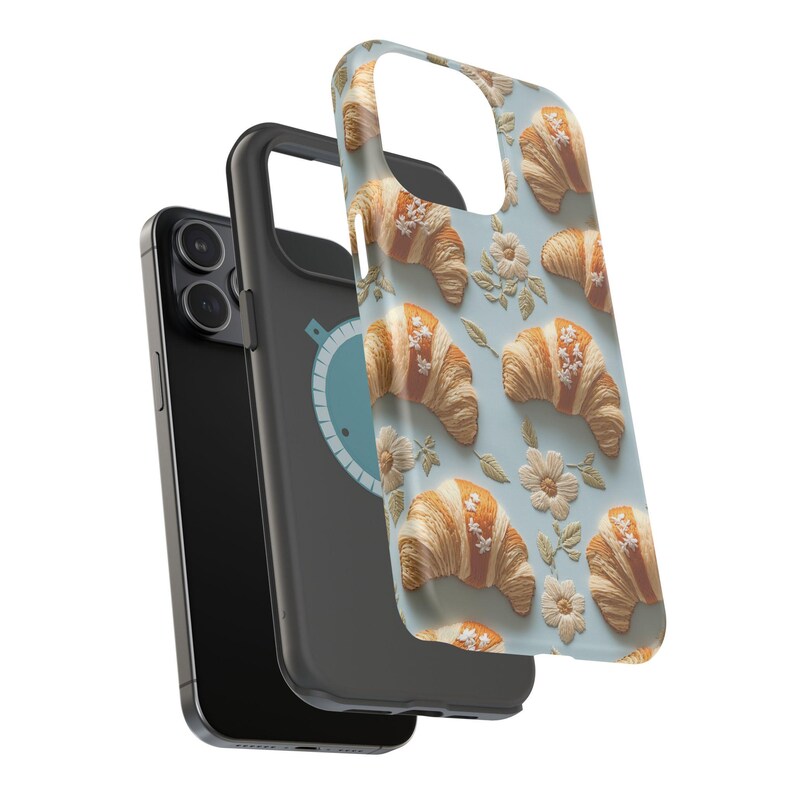 cute croissant phone case embroidered embroidery flowers girly feminine foodie chef cook gift for mom france french food samsung galaxy pixel iphone 13 14 15 pro max plus magsafe tough case wireless charging boho aesthetic