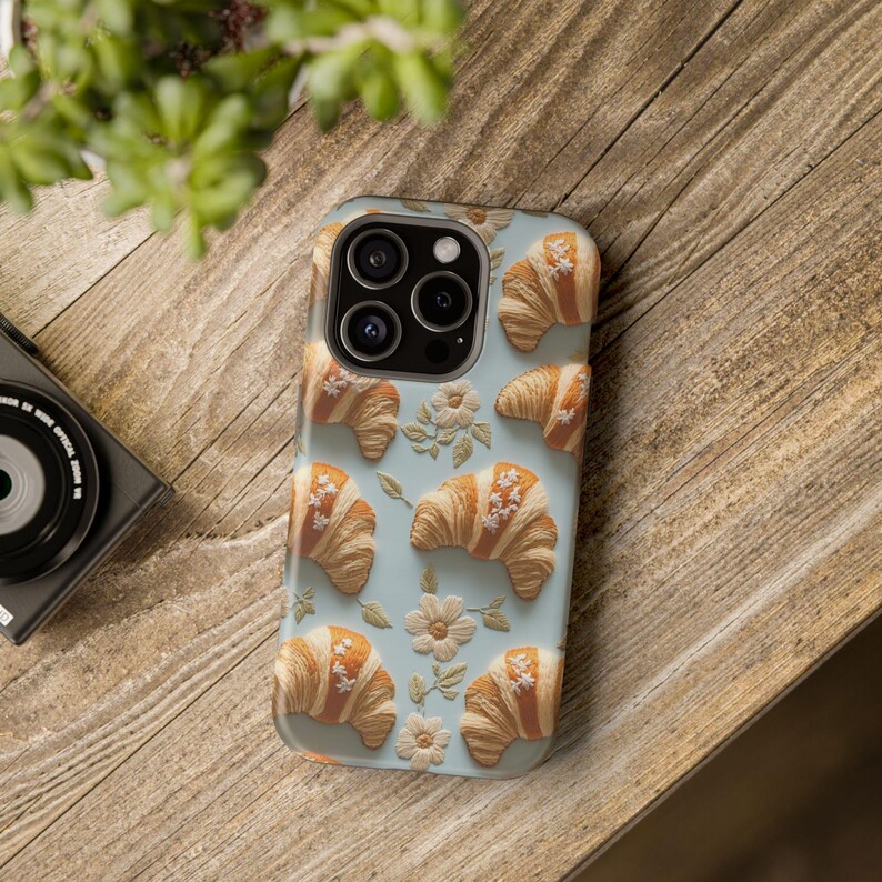 cute croissant phone case embroidered embroidery flowers girly feminine foodie chef cook gift for mom france french food samsung galaxy pixel iphone 13 14 15 pro max plus magsafe tough case wireless charging boho aesthetic