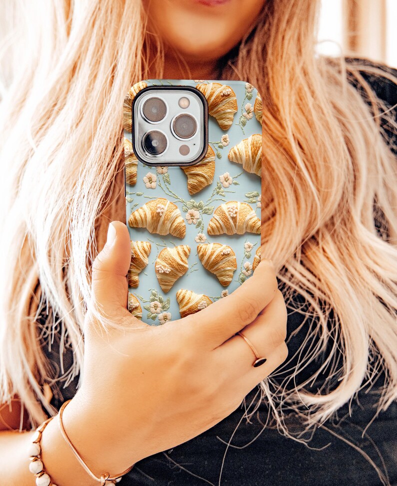 cute croissant phone case embroidered embroidery flowers girly feminine foodie chef cook gift for mom france french food samsung galaxy pixel iphone 13 14 15 pro max plus magsafe tough case wireless charging boho aesthetic