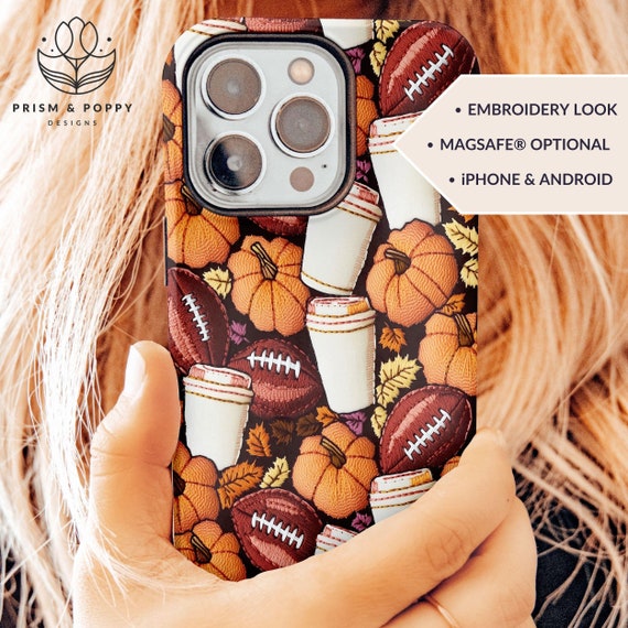 Cute Fall Phone Case, Coffee Lover Gift for football fan, Pumpkin Spice Lover Autumn Cozy Season iPhone 15 14 13 Pro Tough Magsafe Samsung