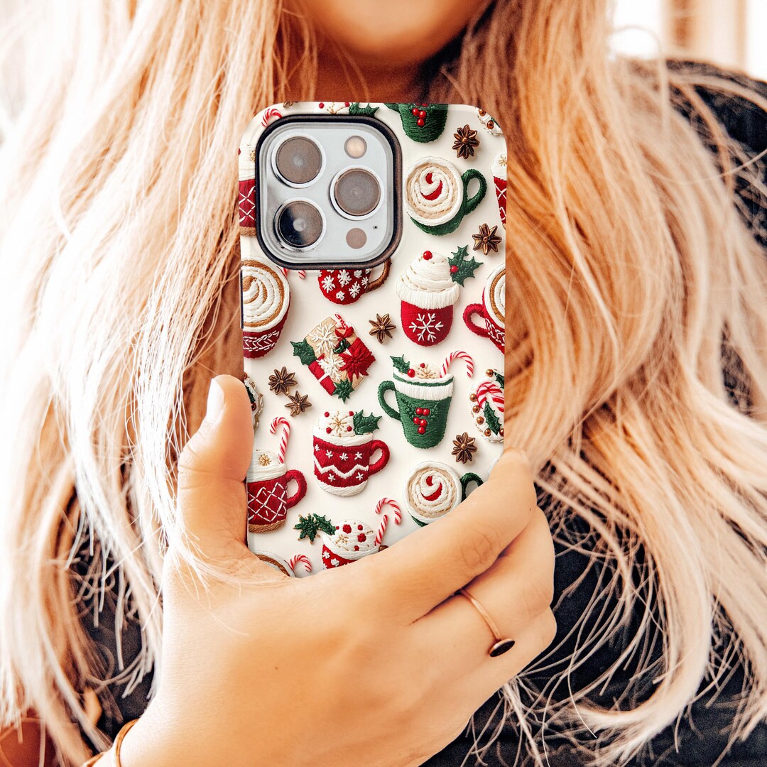 Christmas Coffee Lover Phone Case, Cute Embroidered Holiday Mug
