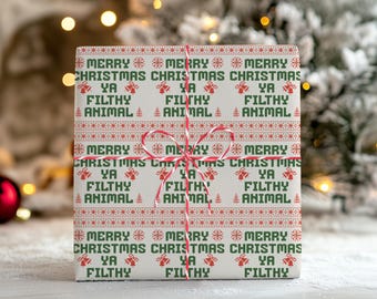 Merry Christmas Ya Filthy Animal Wrapping Paper, Ugly Sweater Style Funny Christmas Movie Quote Giftwrap for White Elephant Gift Exchange