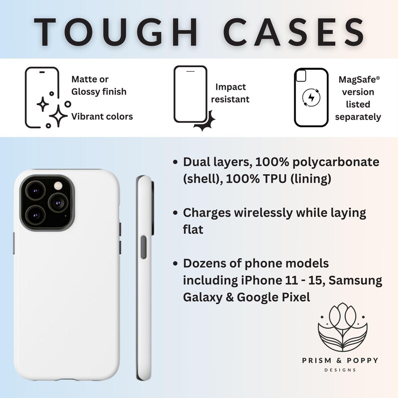 May include: A white phone case with a black camera lens cutout. The case is made of two layers, a polycarbonate shell and a TPU lining. It is impact resistant and charges wirelessly while laying flat. The case is available in a variety of colors and finishes, including matte and glossy.