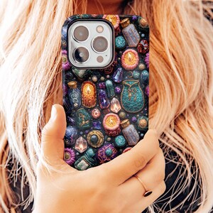 witchy phone case halloween mystical aesthetic magic potion crystals candles haunted embroidered embroidery iphone 13 14 15 16 pro max plus tough case magsafe wireless charging samsung galaxy 22 23 24 google pixel 6 7 8