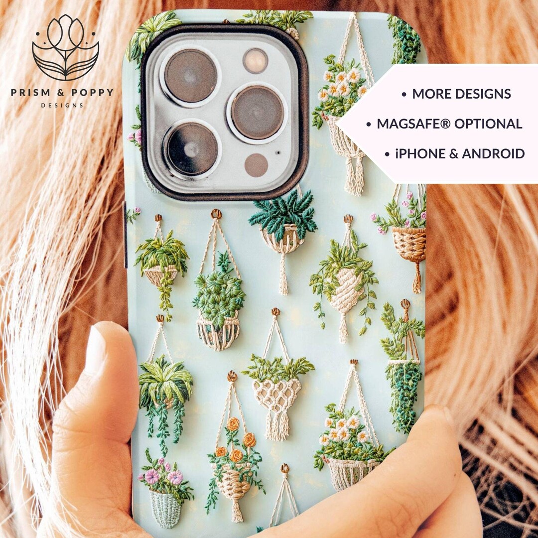 Plant Lover Boho Phone Case, Gift for Mom or Gardener, Embroidered