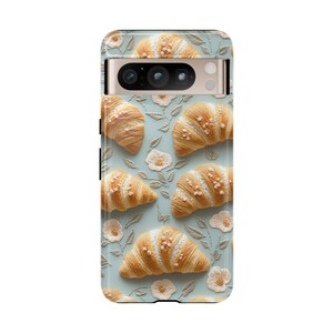 cute croissant phone case embroidered embroidery flowers girly feminine foodie chef cook gift for mom france french food samsung galaxy pixel iphone 13 14 15 pro max plus magsafe tough case wireless charging boho aesthetic