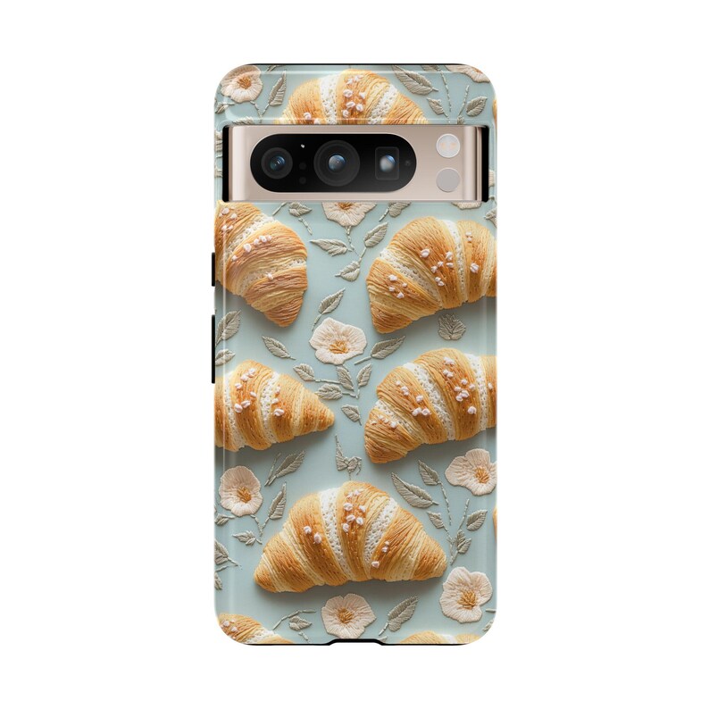 cute croissant phone case embroidered embroidery flowers girly feminine foodie chef cook gift for mom france french food samsung galaxy pixel iphone 13 14 15 pro max plus magsafe tough case wireless charging boho aesthetic