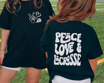 Peace Love & Lacrosse Tshirt, Cute Retro Youth Lacrosse Shirt, Holiday Gift For Lacrosse Player, Lacrosse Gift, Girls Tee, Groovy Wavy Words