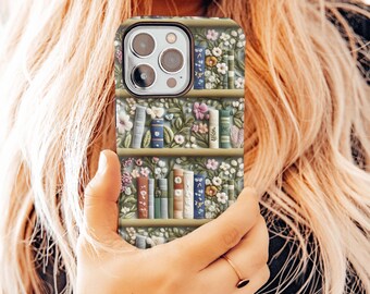 Spring Cottagecore Bookshelf Phone Case, Magsafe Book Club Gift for Reader Tough Protective Floral Cover iPhone 16 pro max plus 15 14 13