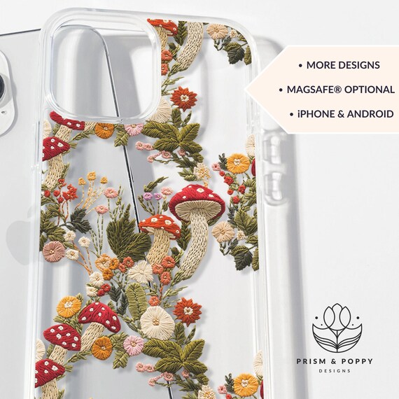 Cute Clear Phone Case, Floral Mushroom Phone Cases, Flower Embroidered Cottagecore Aesthetic Phone Case, Magsafe iPhone Case Samsung Galaxy