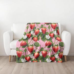 Strawberry Shortcake Blanket, Vintage Berry Floral Home Decor, Cute Pink Girls Room Bedding, Cozy Sofa Couch Throw Blanket, Gift for her
