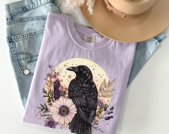 Raven Shirt, Mystical Witchy Comfort Colors® Whimsigoth Crow Tshirt, Floral Botanical Boho Dark Academia Goblincore Gift for Bird Lover