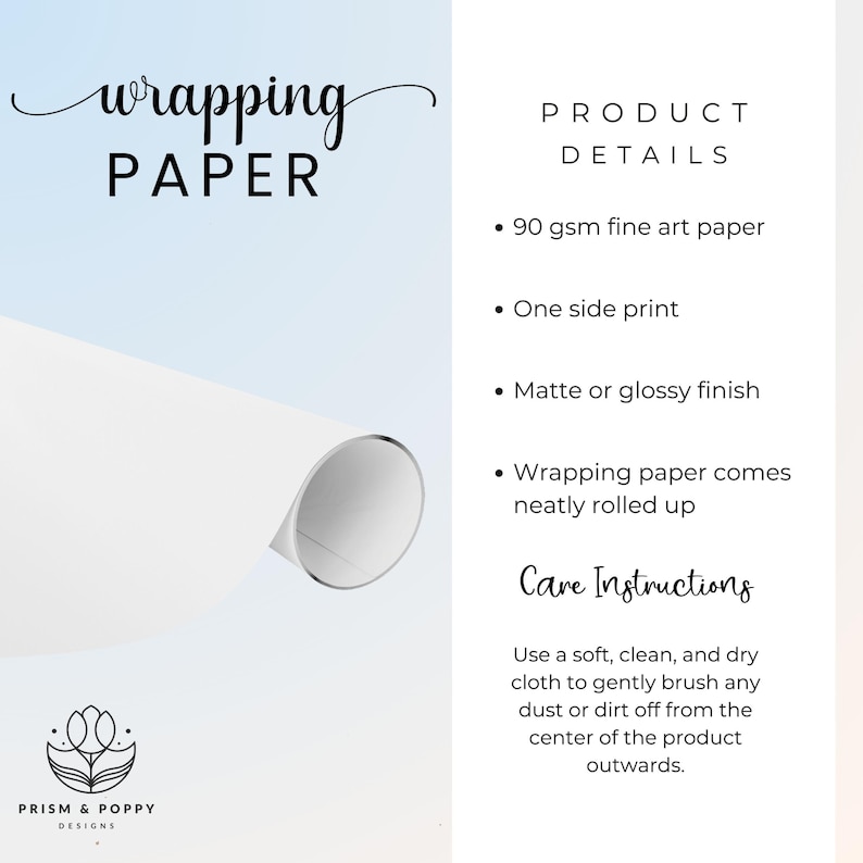 May include: White wrapping paper with the words "wrapping paper" in a script font. The product details include 90 gsm fine art paper, one-side print, and matte or glossy finish. The paper is neatly rolled up.