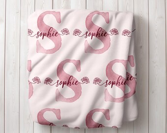 Personalized Blanket, Custom Watercolor Rose Initial Floral Baby Girl Gift Room Decor Bedding, Cozy Sofa Couch Throw Blanket