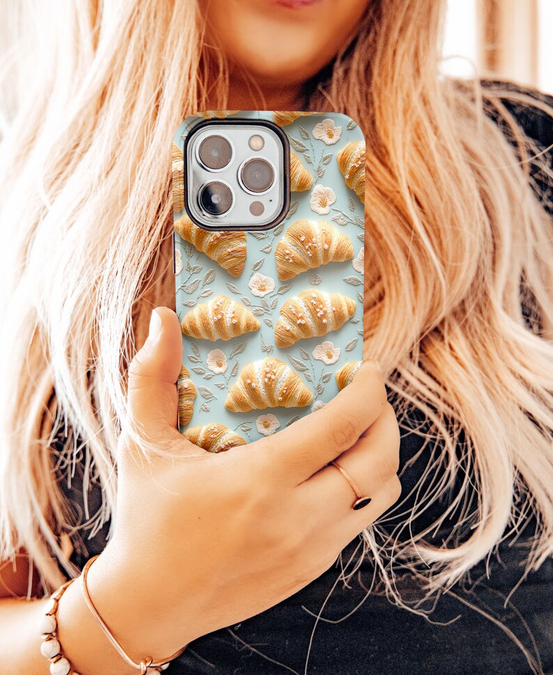cute croissant phone case embroidered embroidery flowers girly feminine foodie chef cook gift for mom france french food samsung galaxy pixel iphone 13 14 15 pro max plus magsafe tough case wireless charging boho aesthetic