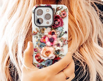 Fall Flowers Phone Case, Dark Floral Embroidered Look Boho Magsafe iPhone 16 Pro Max 15 Case for Samsung S24 Ultra Plus Tough Pixel Cover