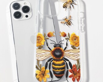 Bee Clear Phone Case, Honeybee Embroidered Embroidery, Gift For Bee Lover or Gardener, Cottagecore iPhone 15 Magsafe Case, Pollinator Gifts