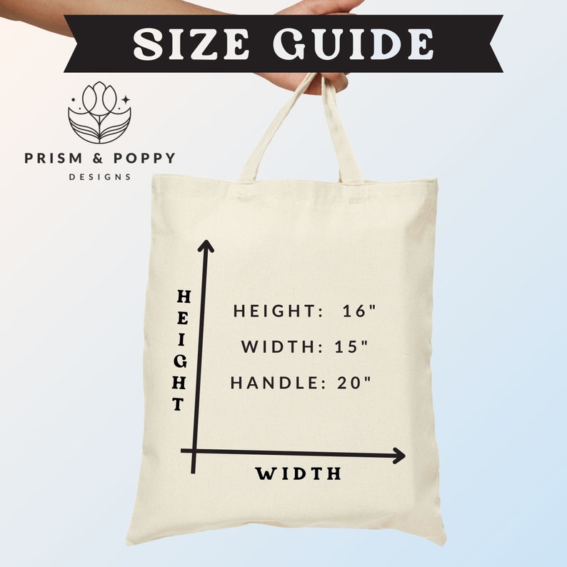 K&ouml;nnte beinhalten: Eine wei&szlig;e Tragetasche mit einem aufgedruckten Gr&ouml;&szlig;enleitfaden. Der Leitfaden zeigt die H&ouml;he, Breite und Griffl&auml;nge der Tasche in Zoll. Der Text lautet "HEIGHT: 16", "WIDTH: 15" und "HANDLE: 20".