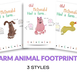 Puede incluir: Tres impresiones blancas con huellas de animales de granja. Las impresiones presentan un perro, un cerdo y un pato, cada uno hecho con huellas. El texto incluye "Old McDonald Had a farm..." y sonidos de animales. El texto inferior dice "FARM ANIMAL FOOTPRINTS" y "3 STYLES."