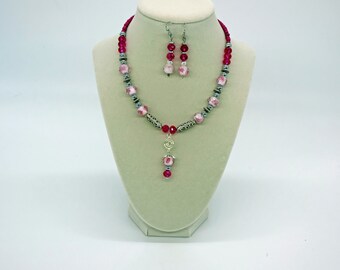 Pink and rose earrings/necklace set