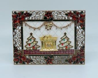 Jeweled Christmas Fireplace Scene in Holiday Gold Frame
