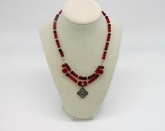 Red Beaded Necklace with Marcasite Charm - Handmade 15&quot;