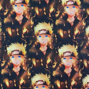 May include: A repeating pattern featuring a cartoon character with spiky blonde hair, blue eyes, and a black headband. The character is set against a backdrop of orange and brown flames, creating a dynamic and energetic design.