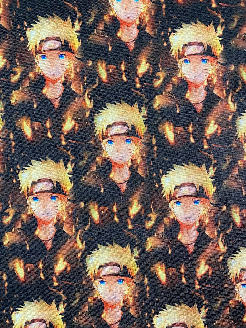 May include: A repeating pattern featuring a cartoon character with spiky blonde hair, blue eyes, and a black headband. The character is set against a backdrop of orange and brown flames, creating a dynamic and energetic design.