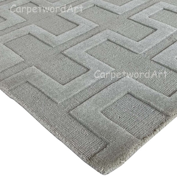 Gray Handloom Geomatric Woven with raised silky Rug High Low Pile Rug Hand Knotted Rug For Bedroom, Living Room, Area, Hallway Rug Rug