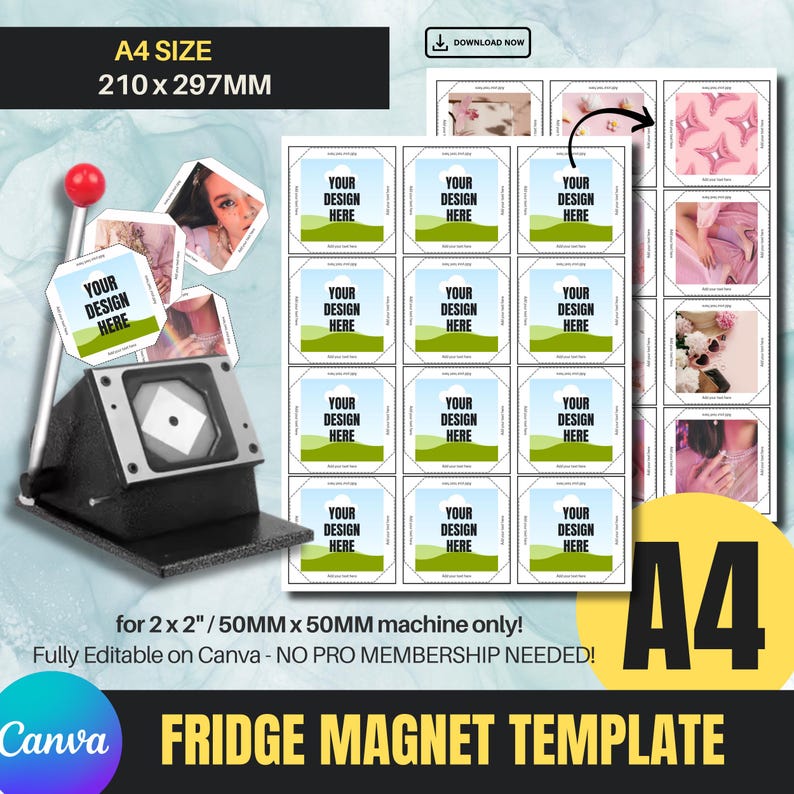 2x2 Fridge Magnet A4 Template - Photo Magnet Machine | 50MMx50MM Square Magnet Template| Editable in Canva | Square Magnet | A4 Size Magnet