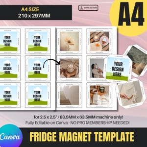 Quadrat Kühlschrankmagnet A4 Vorlage für 6,5 x 6,5 cm Kühlschrank | 63,5 MM A4 Größe quadratische Magnet | Bearbeitbar in Canva | Foto Magnet Vorlage