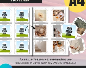 Square Fridge Magnet A4 Template for 2.5"x2.5" machine  | 63.5MM Square Magnet Template A4 Size | Editable in Canva | Photo Magnet Template