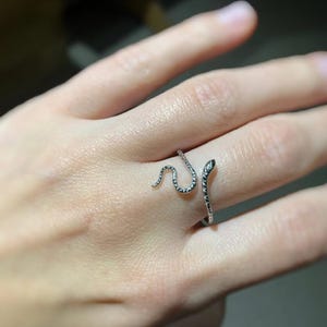 Op de afbeelding: Een zilveren slangenring met een textuur. De ring is om een vinger gewikkeld.