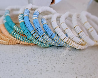 Gold Heishi Disc Beaded Bracelet, Bohemian Heishi Bracelet, Stacking Bracelets Summer Beach Accessories