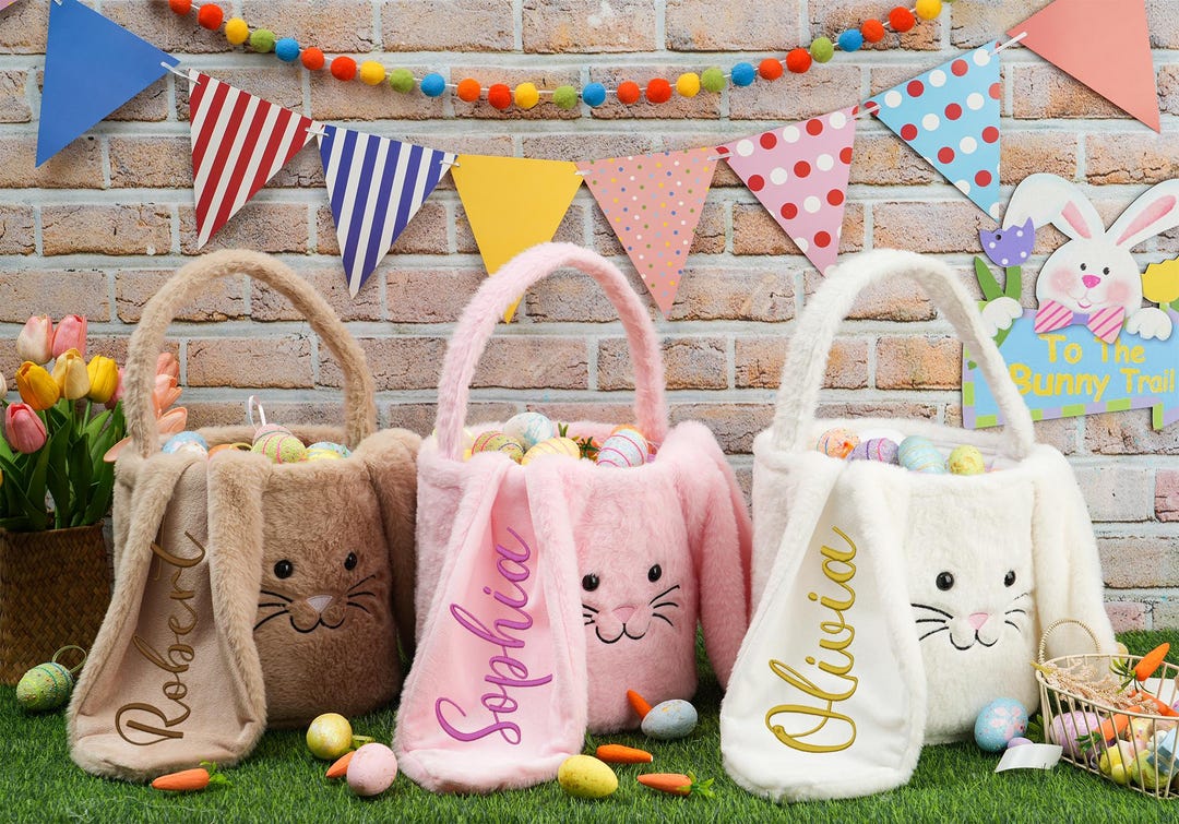 Personalized Plush Easter Basket - Custom Name Embroidered Bunny Ears Basket